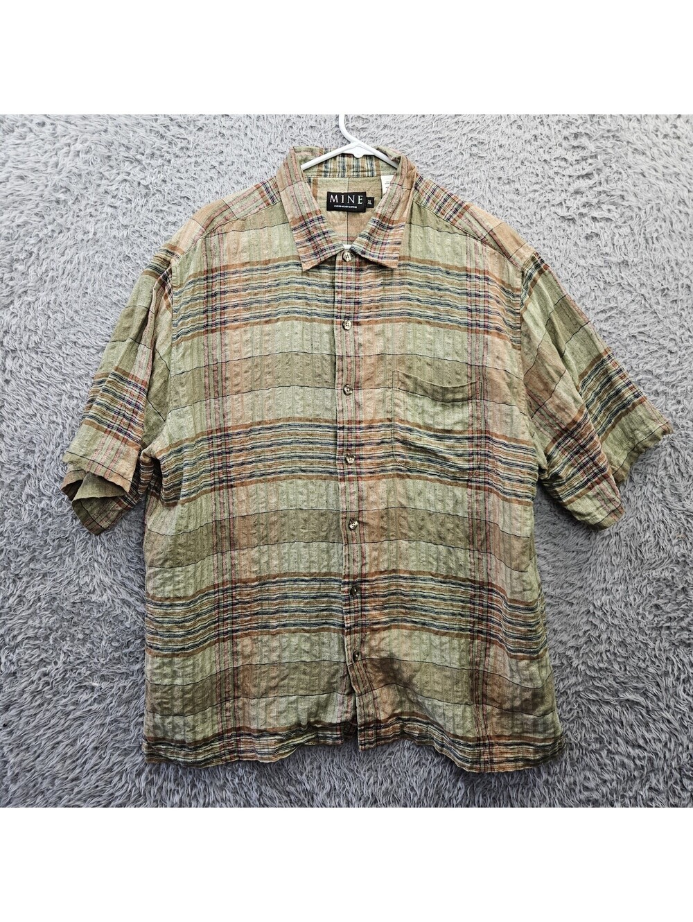 MINE Milan London New York 100% Linen Seersucker Casual Shirt Green Stripe Check